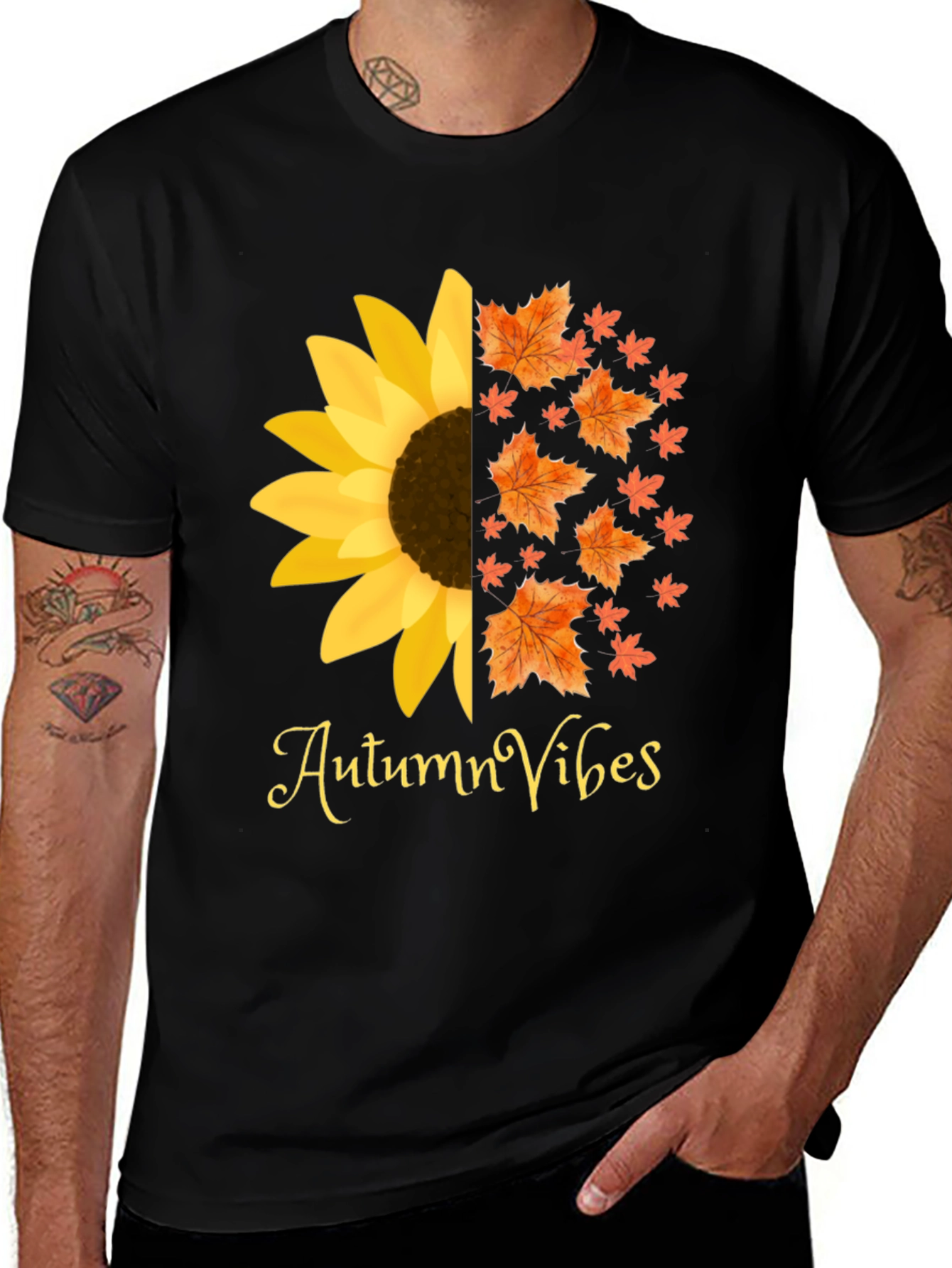 Autumn Vibes Graphic Tee - Sunflower Fall Leaves Design