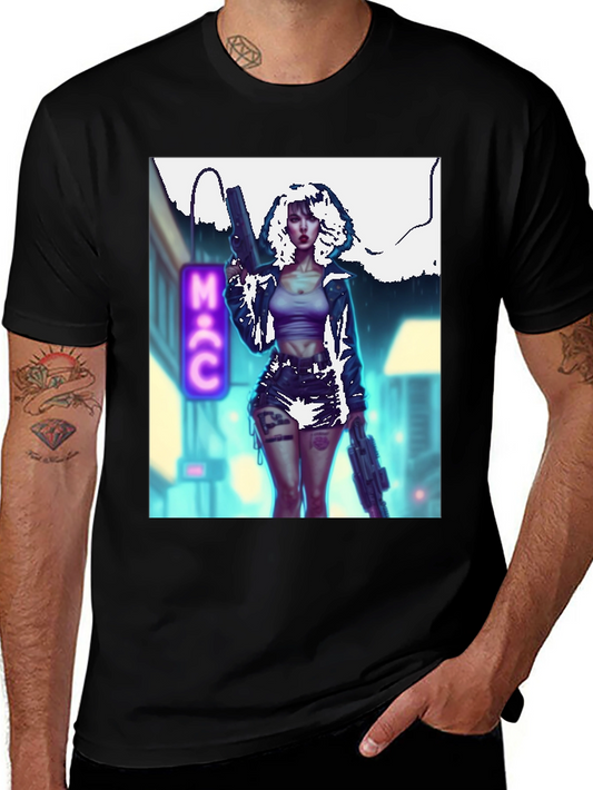 Cyberpunk Girl Graphic T-Shirt - Black