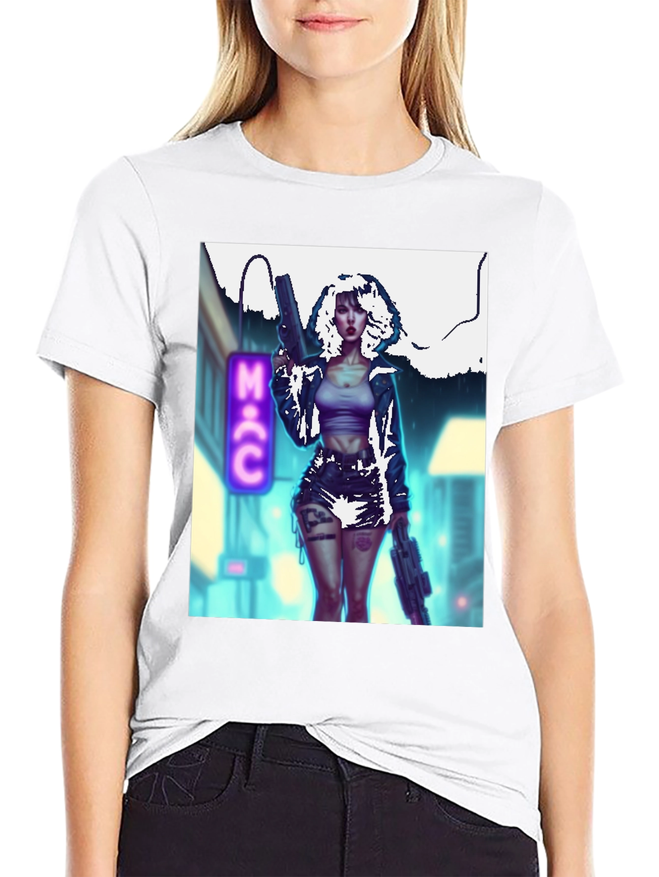 Cyberpunk Girl Graphic T-Shirt - Black