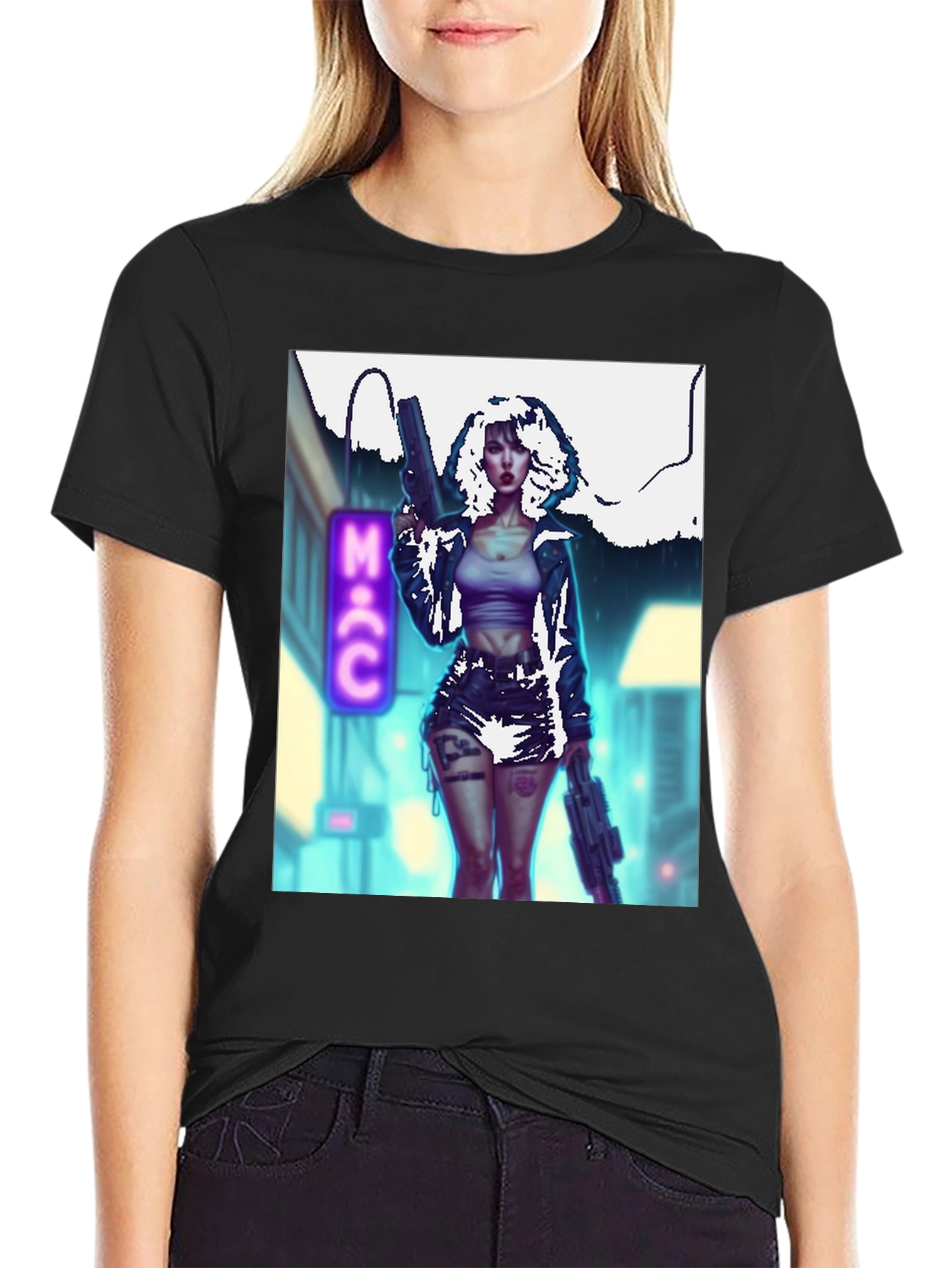 Cyberpunk Girl Graphic T-Shirt - Black
