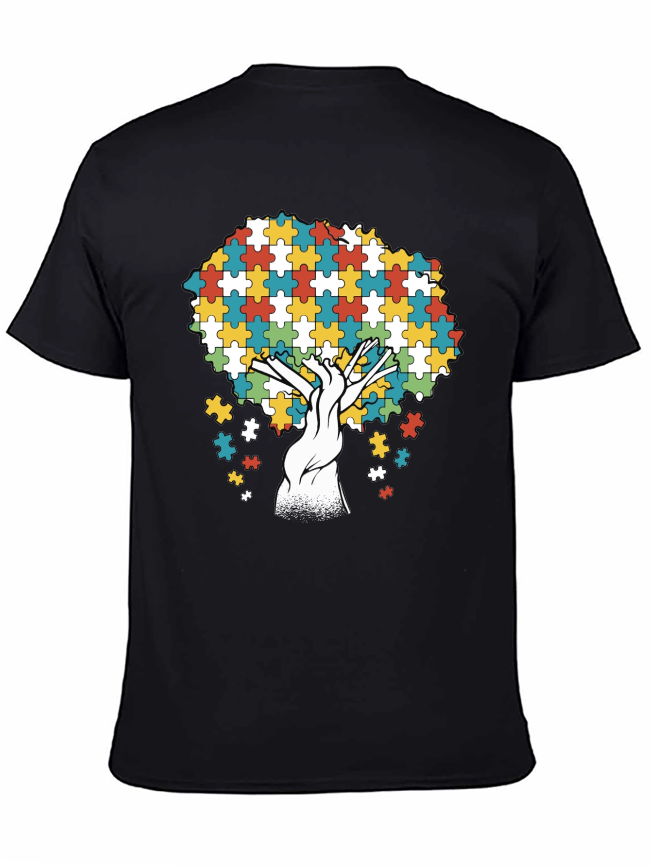 Autism Awareness Puzzle Piece Tree Black T-Shirt