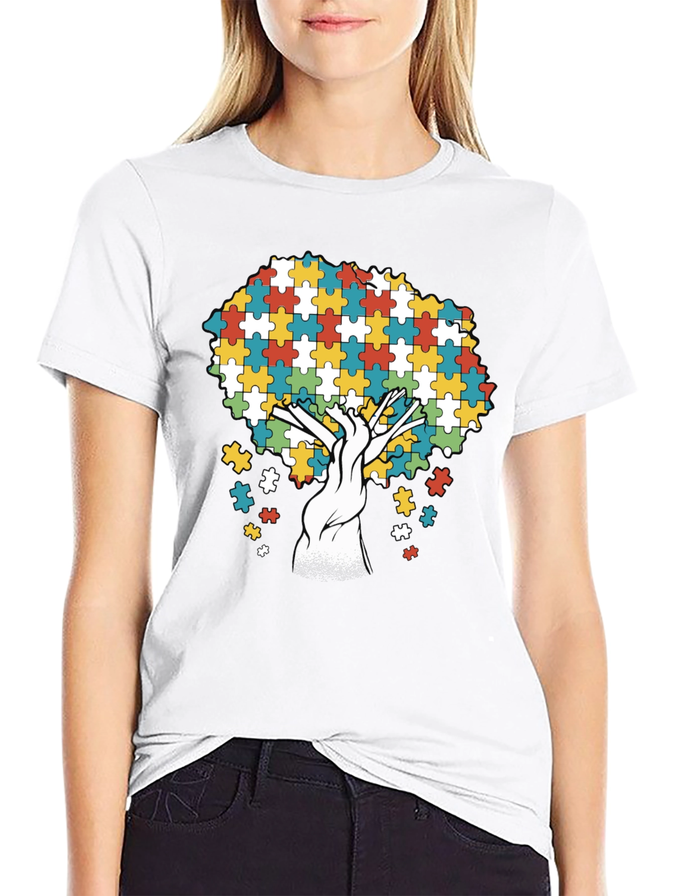 Autism Awareness Puzzle Piece Tree Black T-Shirt