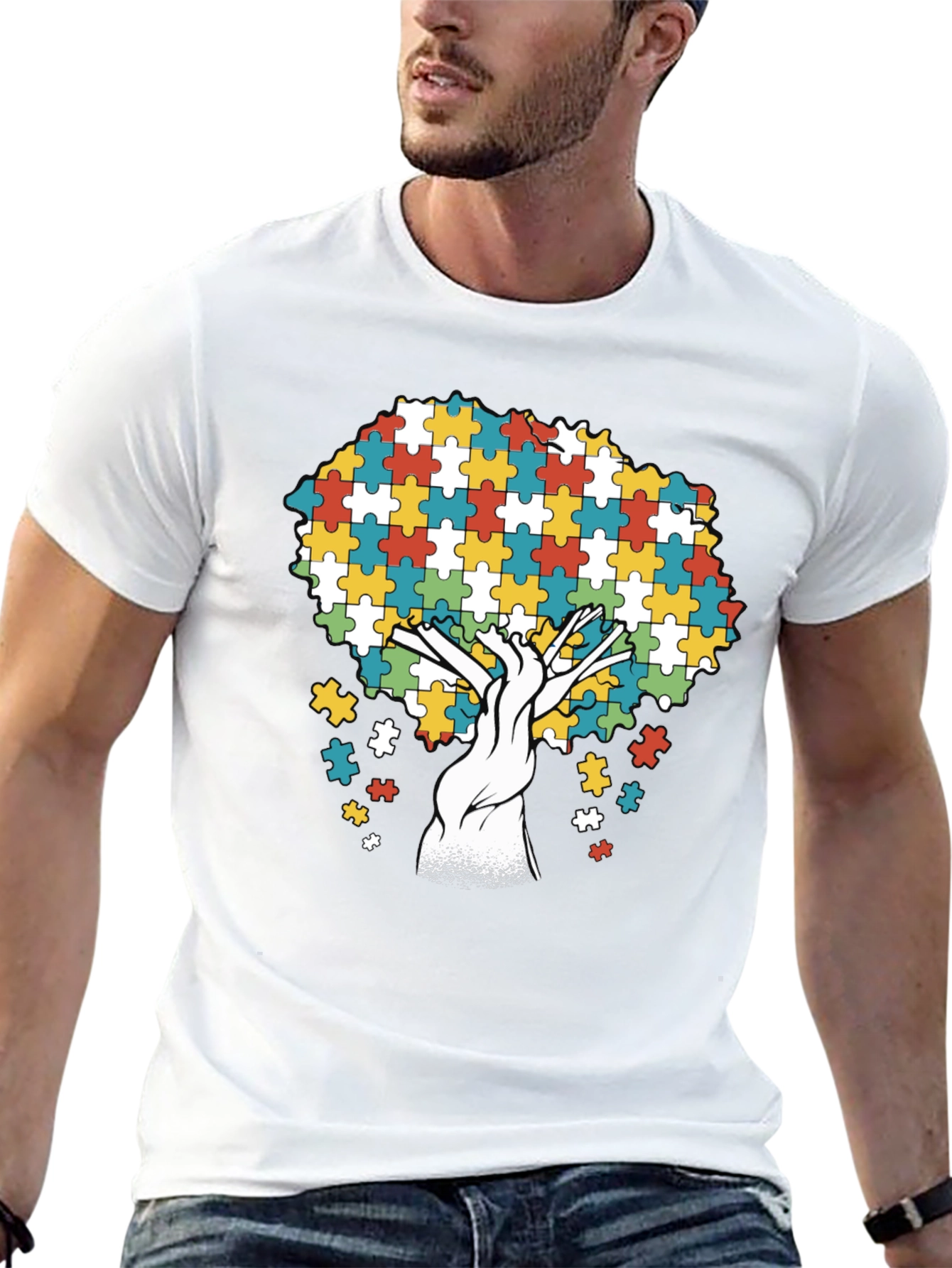 Autism Awareness Puzzle Piece Tree Black T-Shirt