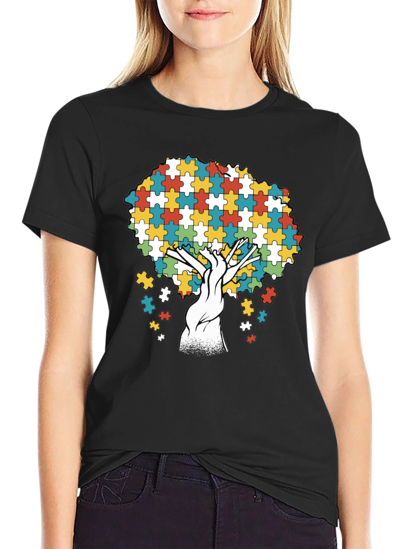 Autism Awareness Puzzle Piece Tree Black T-Shirt