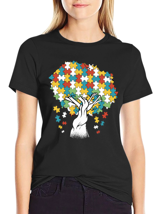 Autism Awareness Puzzle Piece Tree Black T-Shirt