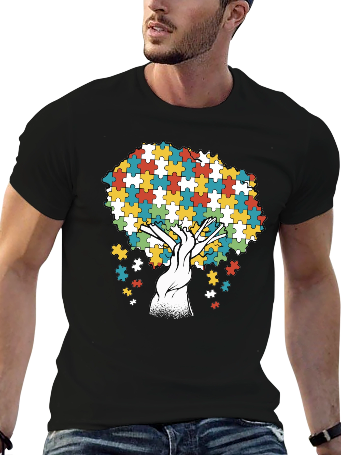 Autism Awareness Puzzle Piece Tree Black T-Shirt
