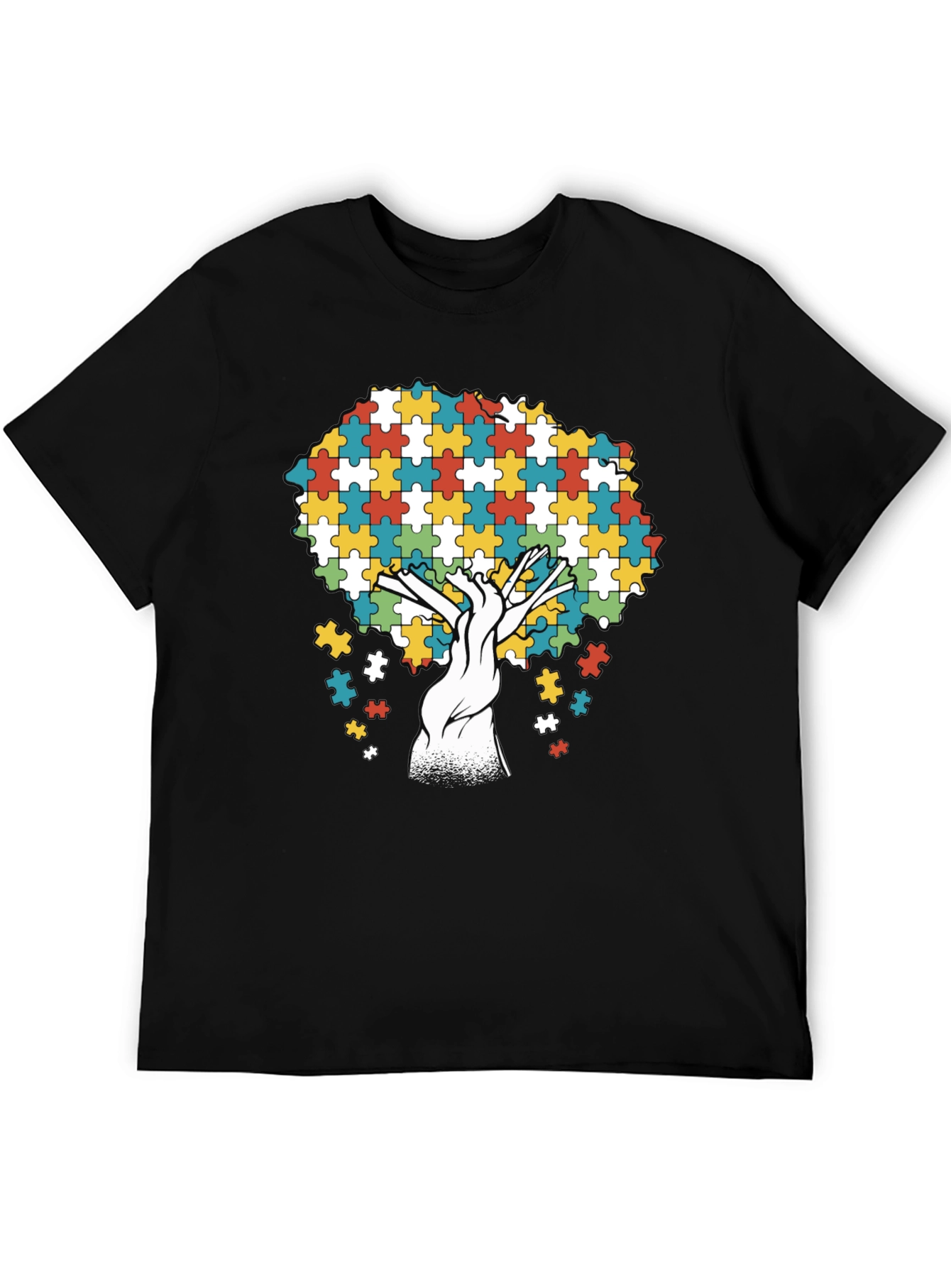 Autism Awareness Puzzle Piece Tree Black T-Shirt