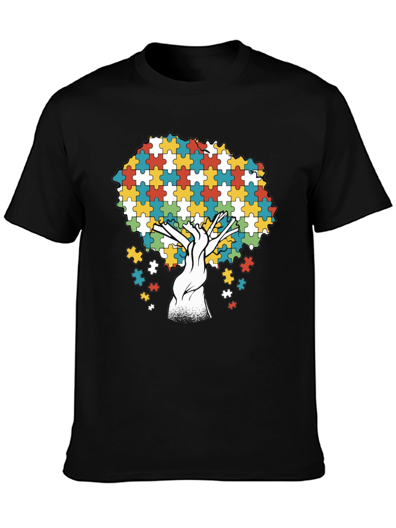 Autism Awareness Puzzle Piece Tree Black T-Shirt