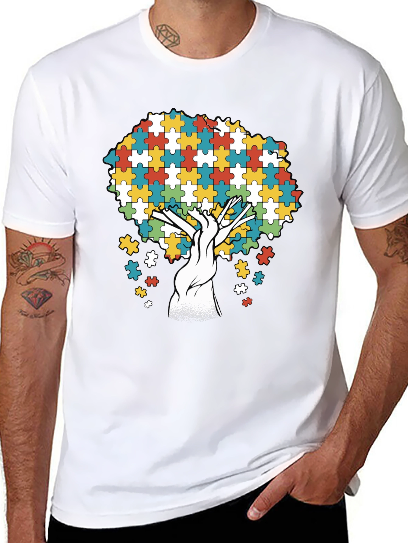 Autism Awareness Puzzle Piece Tree Black T-Shirt