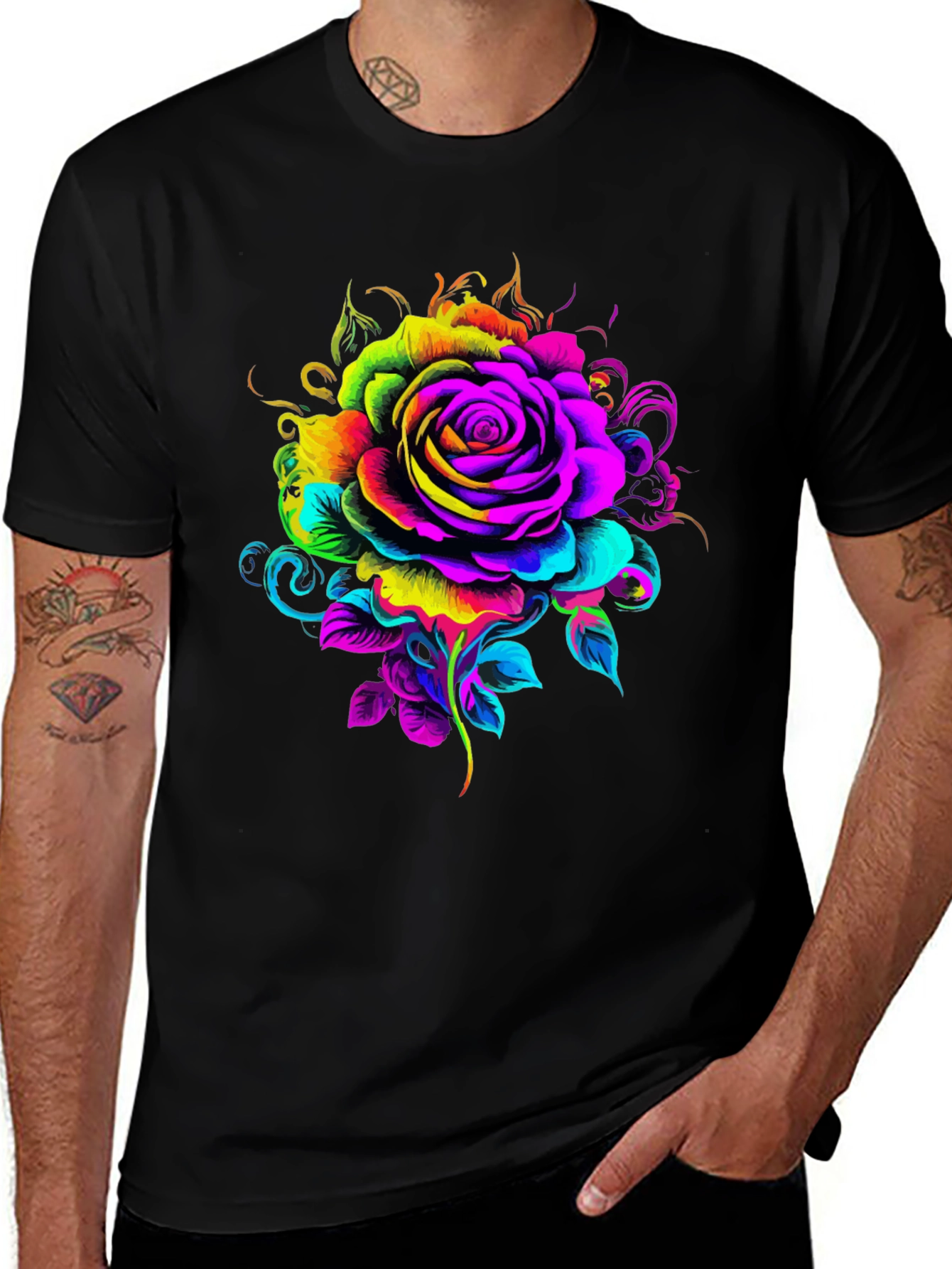 Vibrant Rose Graphic T-Shirt - Black