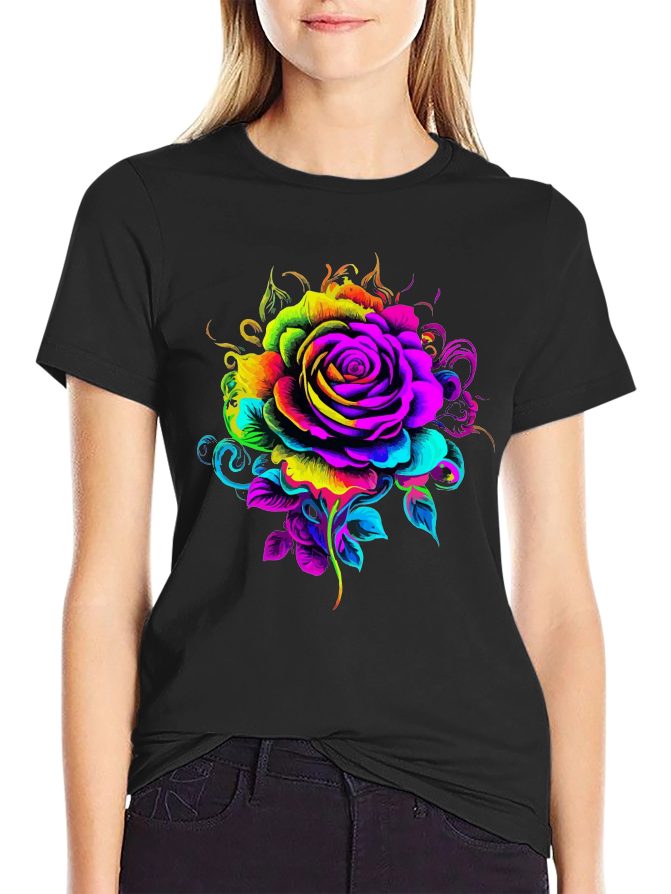 Vibrant Rose Graphic T-Shirt - Black