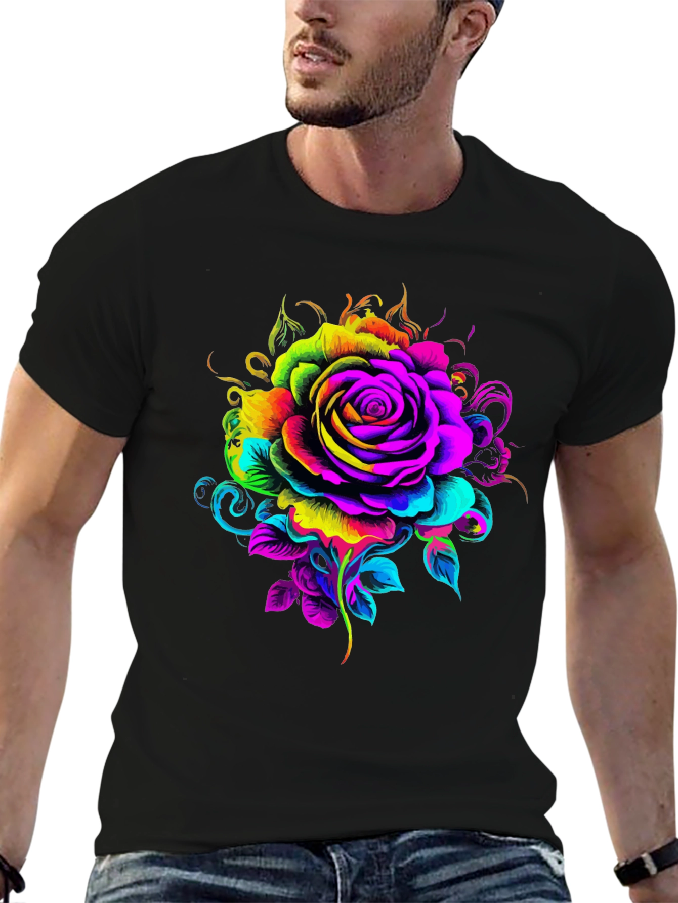 Vibrant Rose Graphic T-Shirt - Black