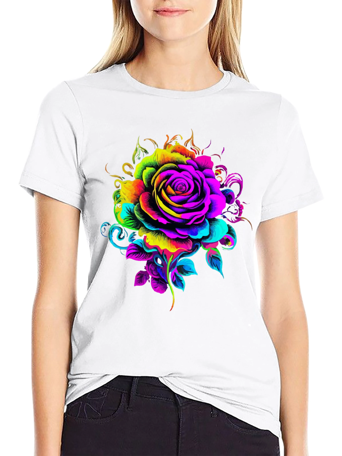 Vibrant Rose Graphic T-Shirt - Black
