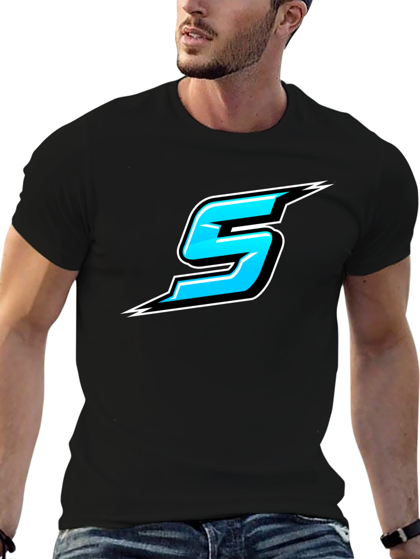 Bold Black T-Shirt with Sporty Blue Number 5