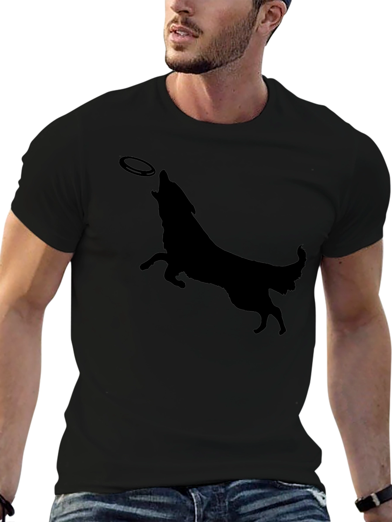 Dog Silhouette Catching Frisbee Mens Graphic Tee