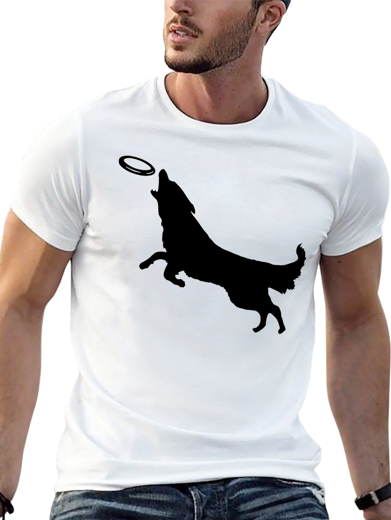 Dog Silhouette Catching Frisbee Mens Graphic Tee