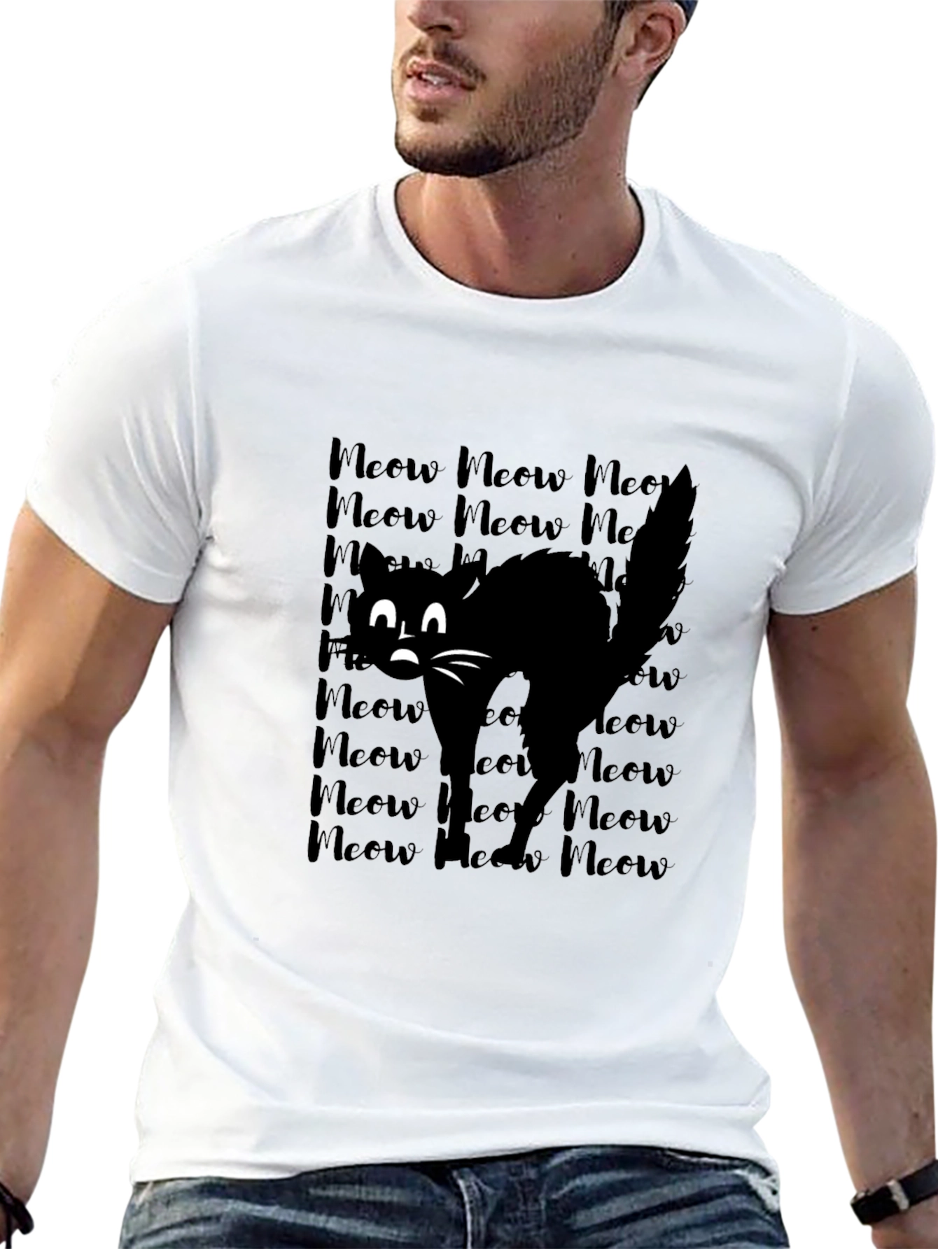 Meow Black Cat Graphic Tee Shirt