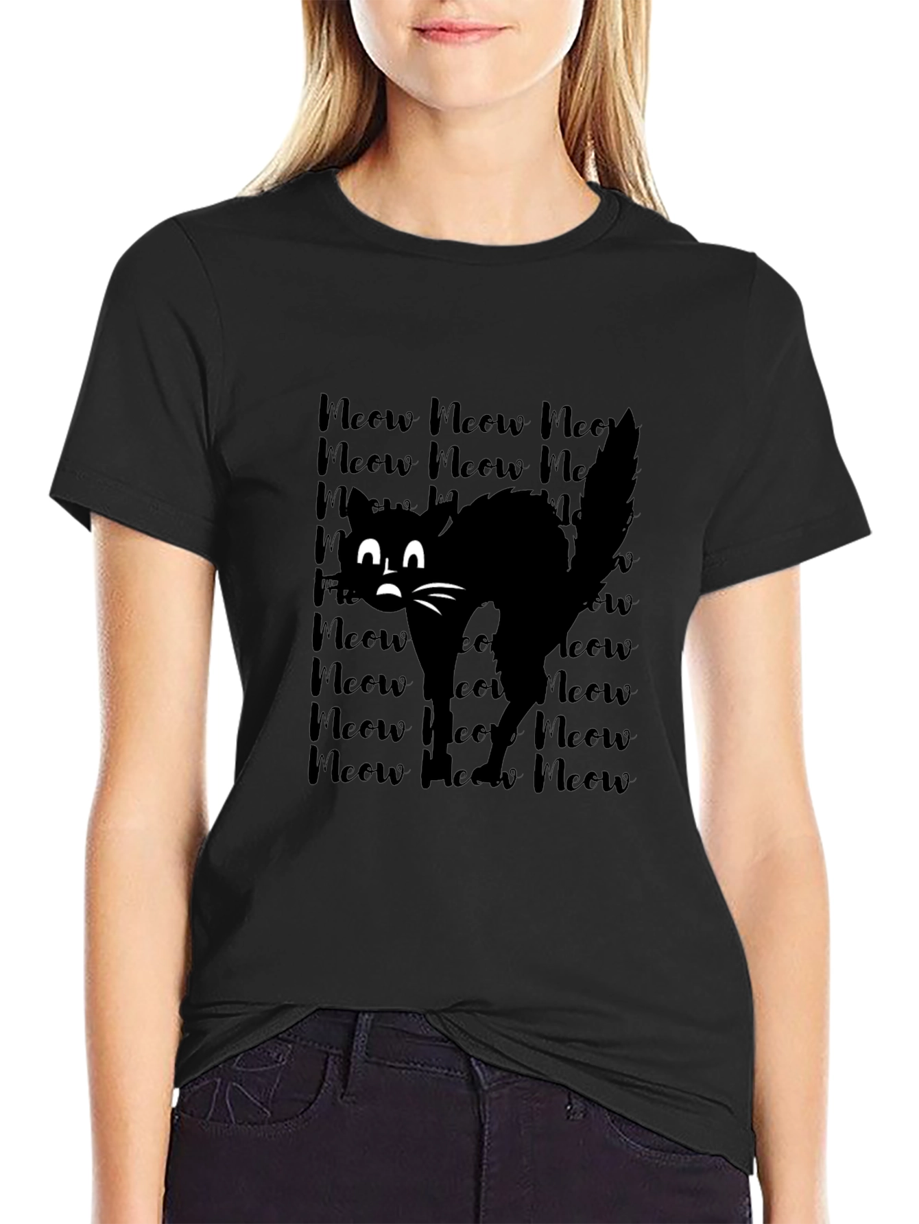 Meow Black Cat Graphic Tee Shirt