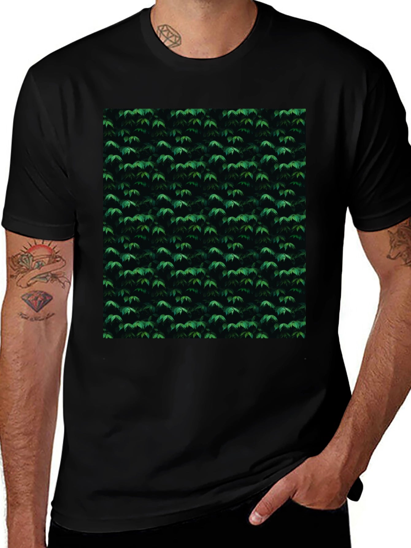 Green Leaf Pattern Black T-Shirt | Nature Inspired Style