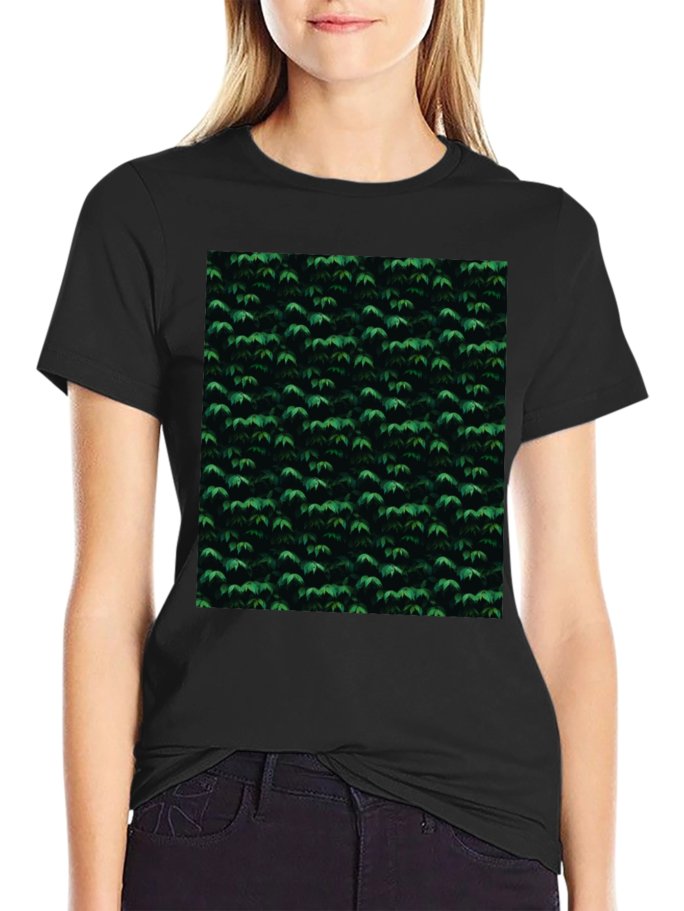 Green Leaf Pattern Black T-Shirt | Nature Inspired Style