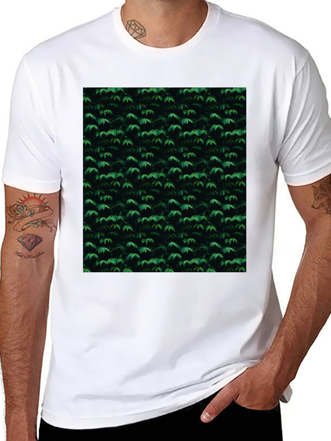 Green Leaf Pattern Black T-Shirt | Nature Inspired Style