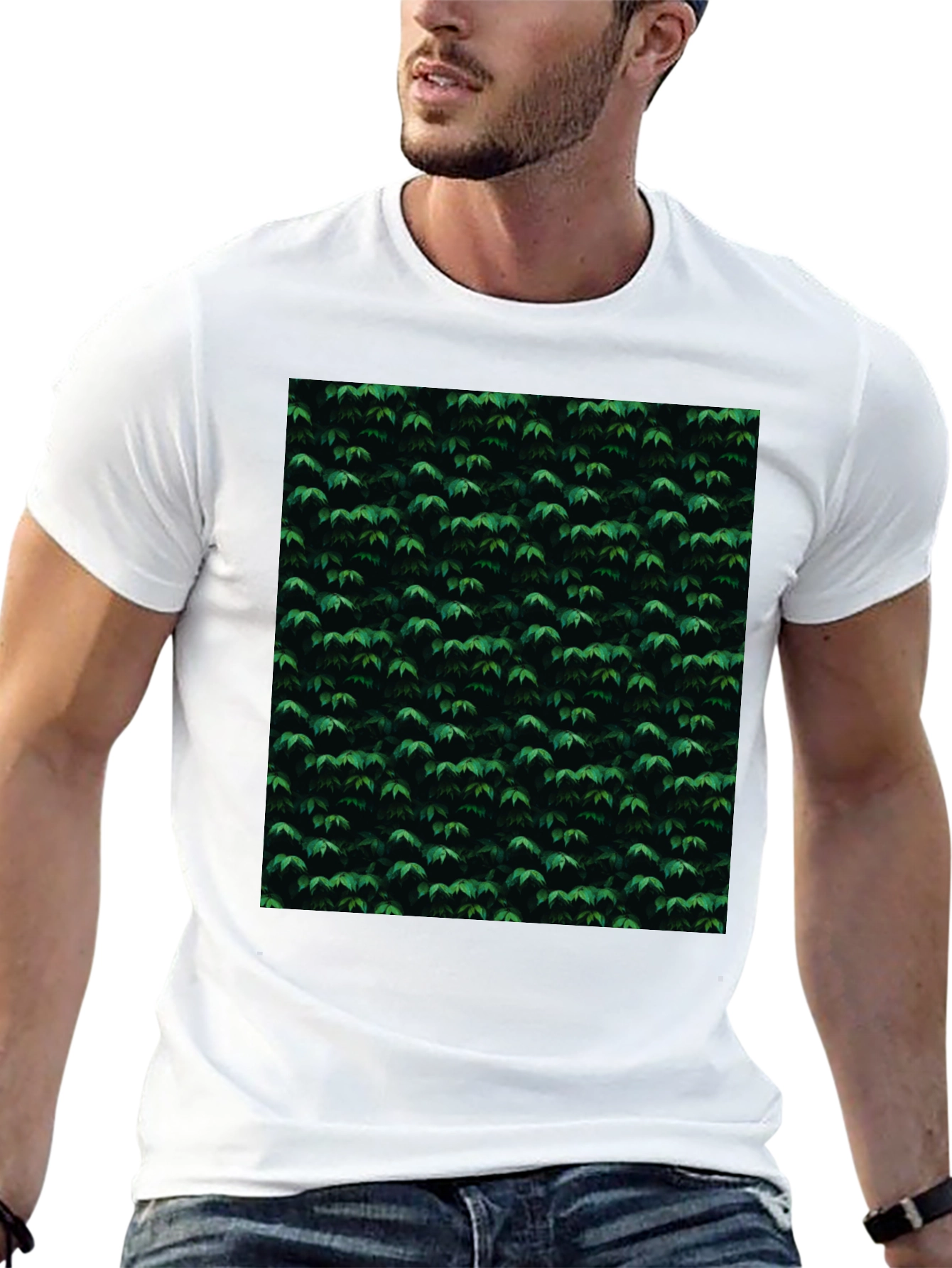 Green Leaf Pattern Black T-Shirt | Nature Inspired Style