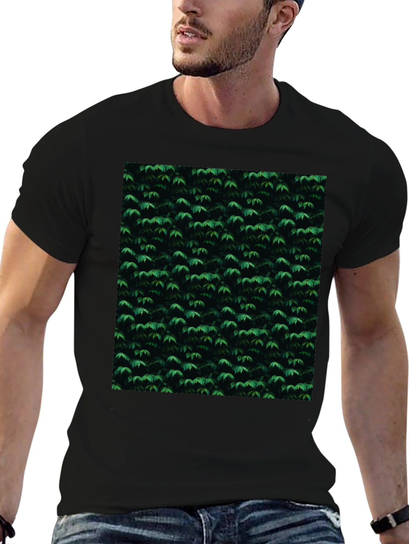 Green Leaf Pattern Black T-Shirt | Nature Inspired Style