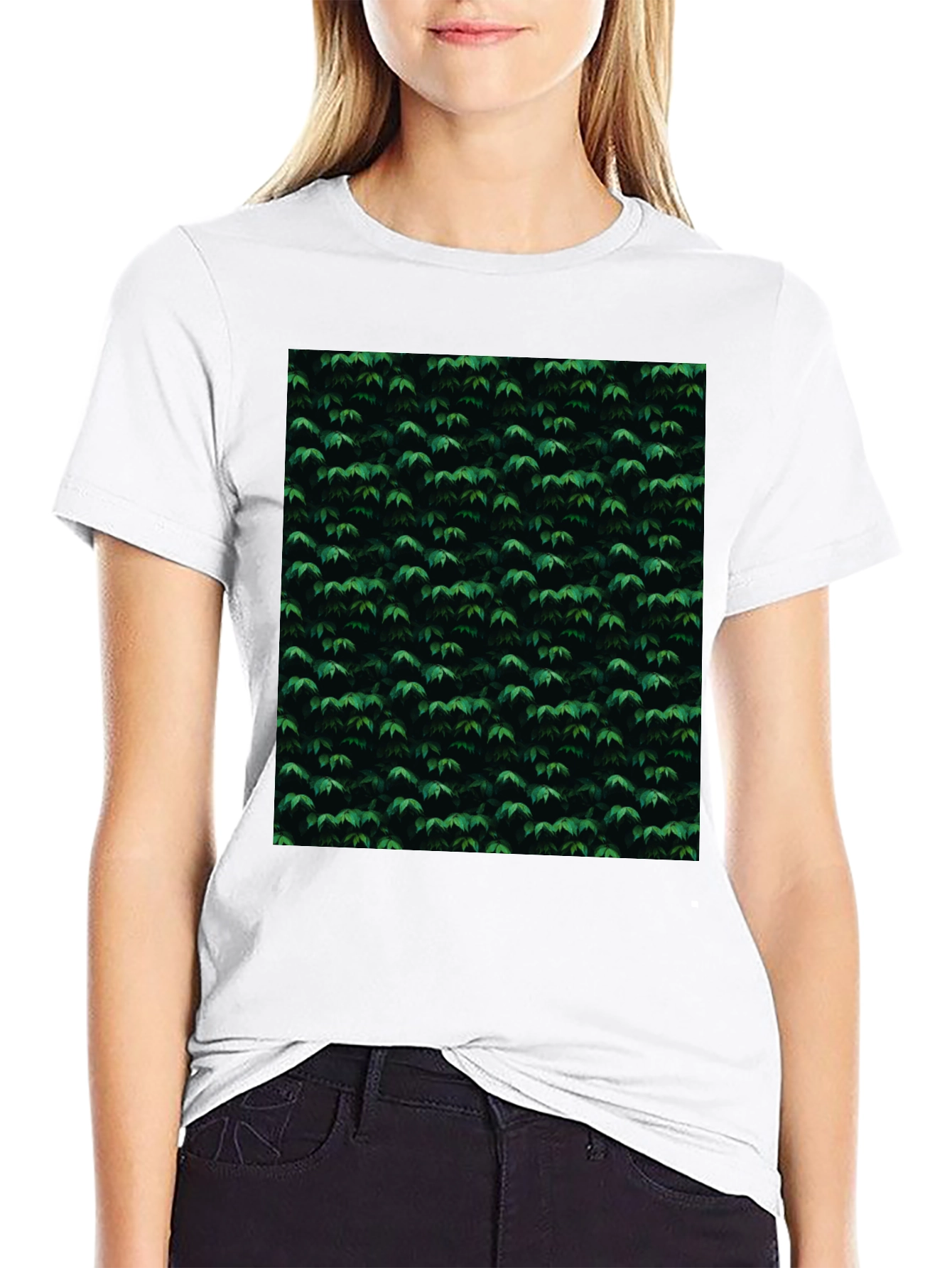 Green Leaf Pattern Black T-Shirt | Nature Inspired Style