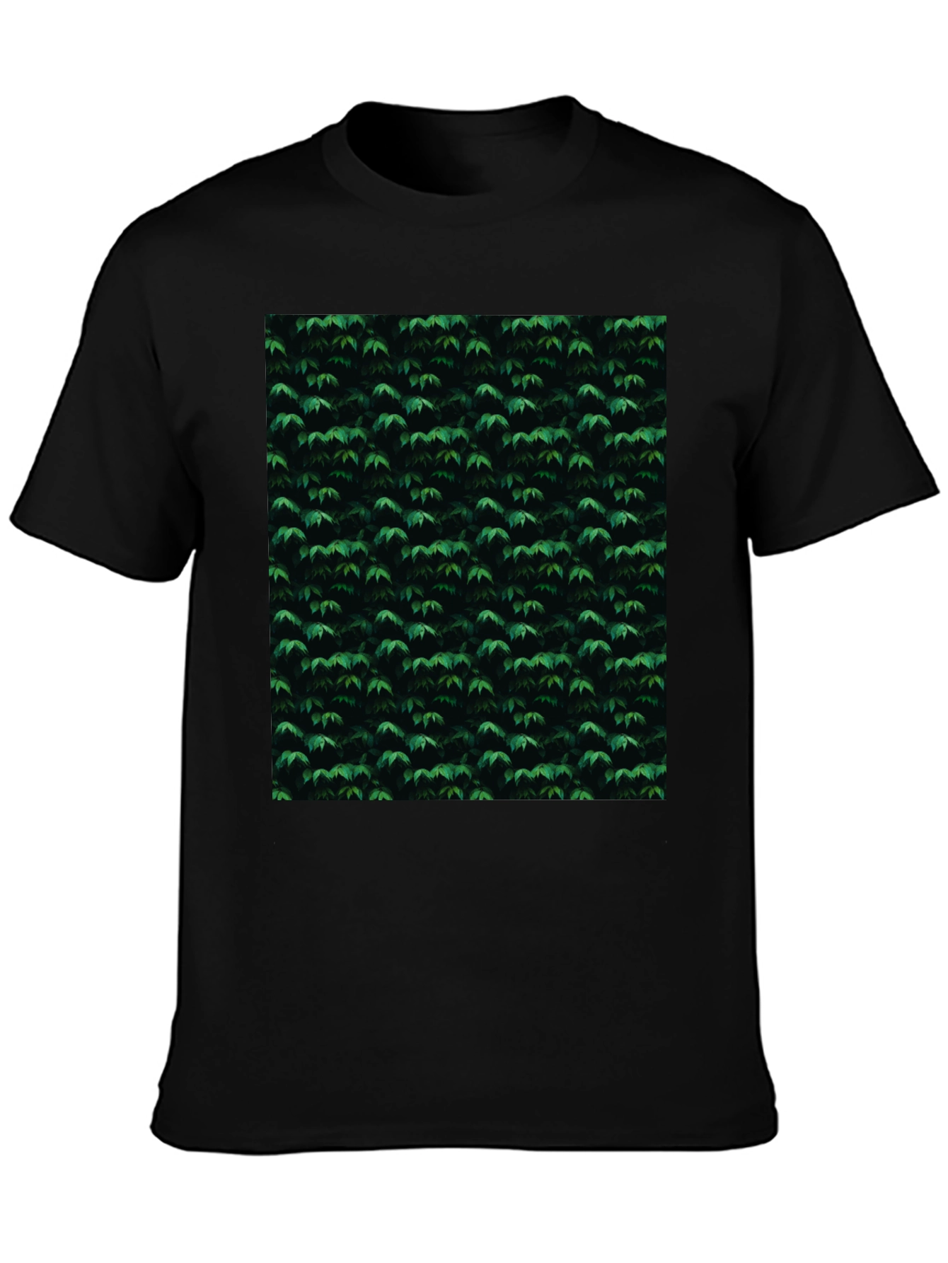 Green Leaf Pattern Black T-Shirt | Nature Inspired Style
