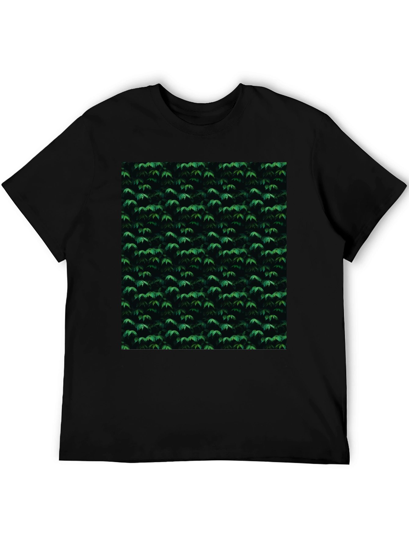 Green Leaf Pattern Black T-Shirt | Nature Inspired Style