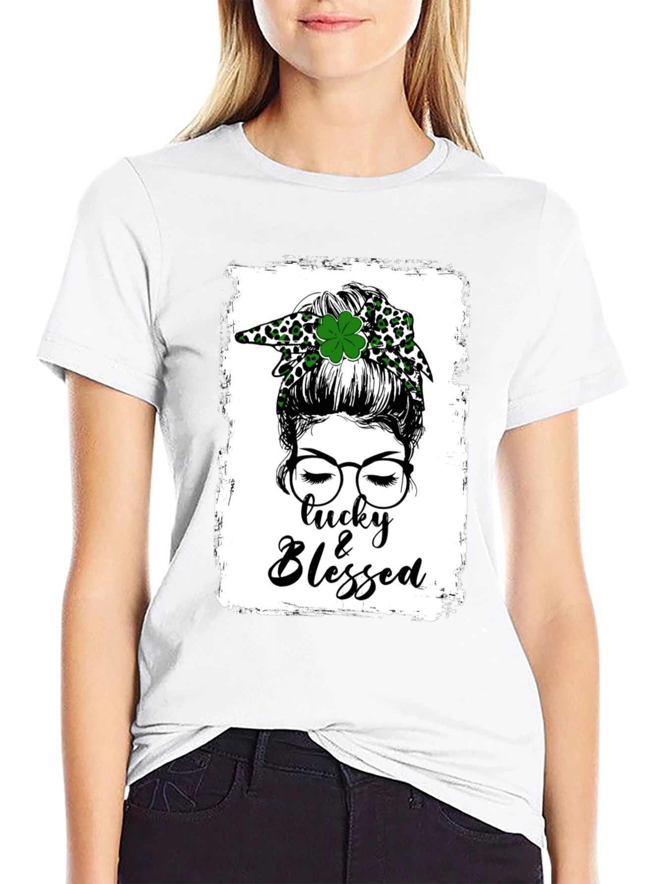 Lucky & Blessed Messy Bun St. Patricks Day T-Shirt