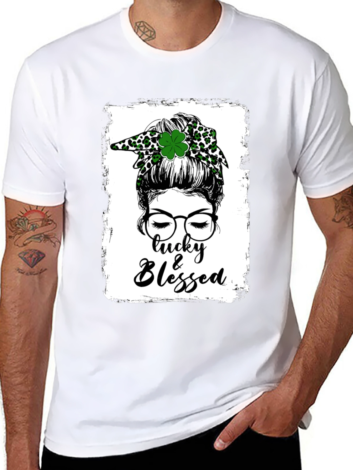 Lucky & Blessed Messy Bun St. Patricks Day T-Shirt