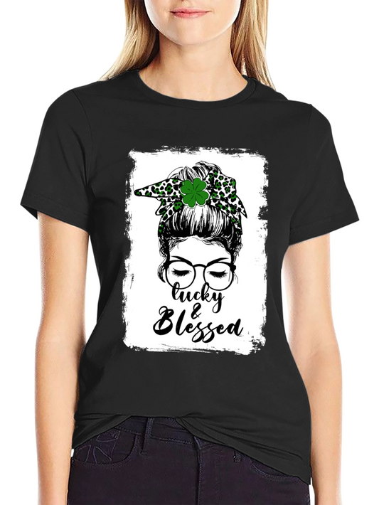 Lucky & Blessed Messy Bun St. Patricks Day T-Shirt