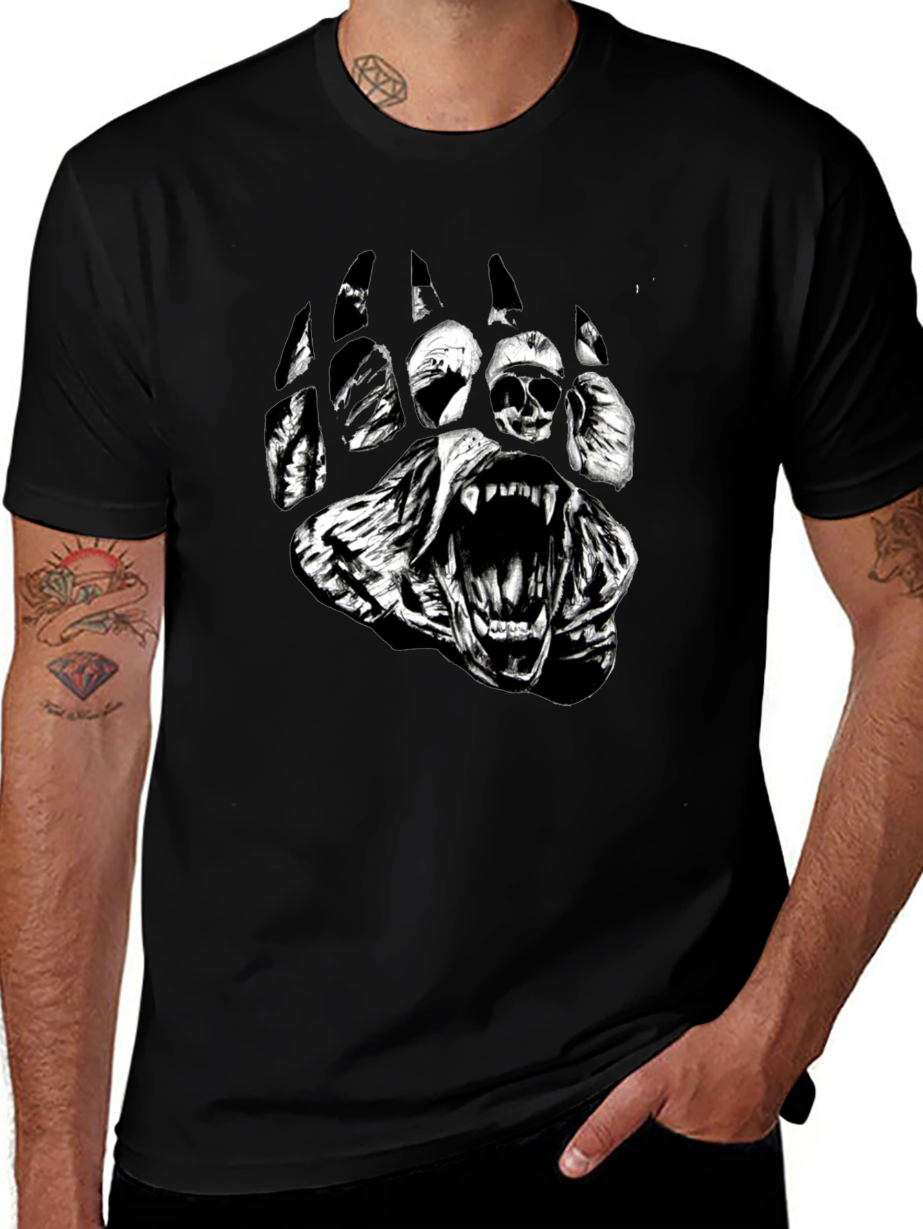 Mens Black Bear Paw Graphic Print T-Shirt