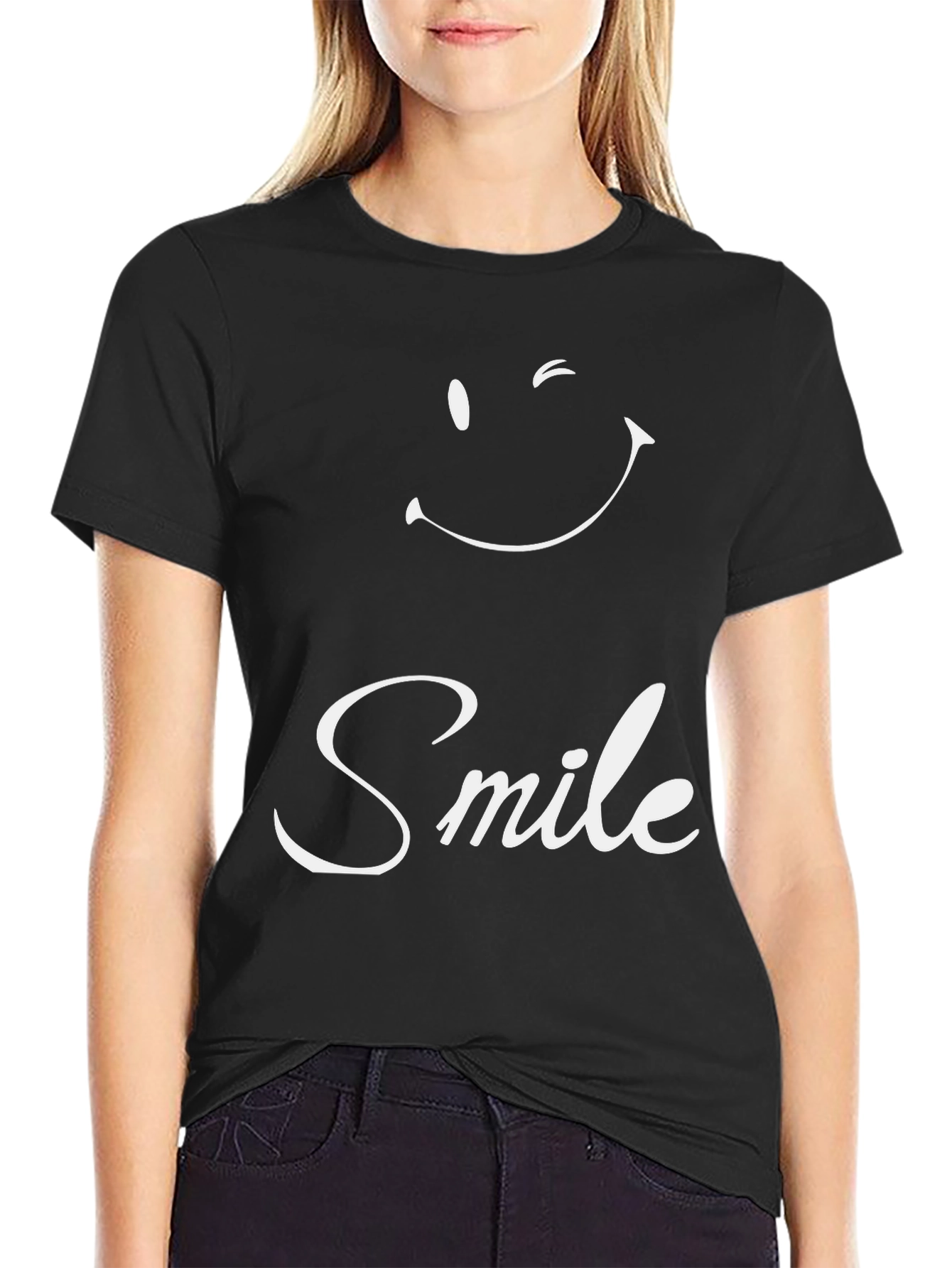 Smile Graphic Tee - Black Crew Neck Casual Shirt
