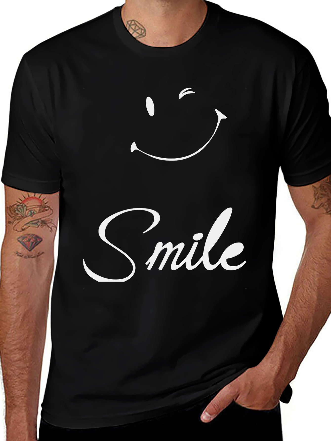 Smile Graphic Tee - Black Crew Neck Casual Shirt