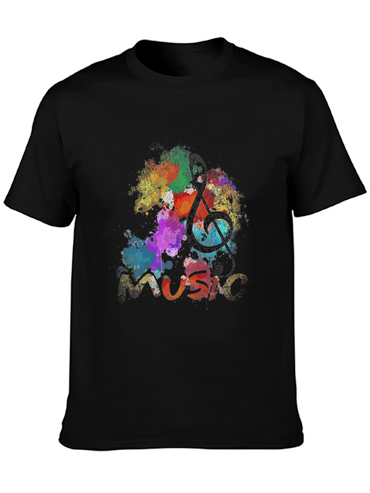 Colorful Music Note Graphic Print Black T-Shirt