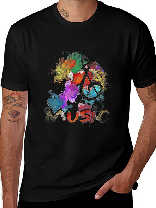 Colorful Music Note Graphic Print Black T-Shirt