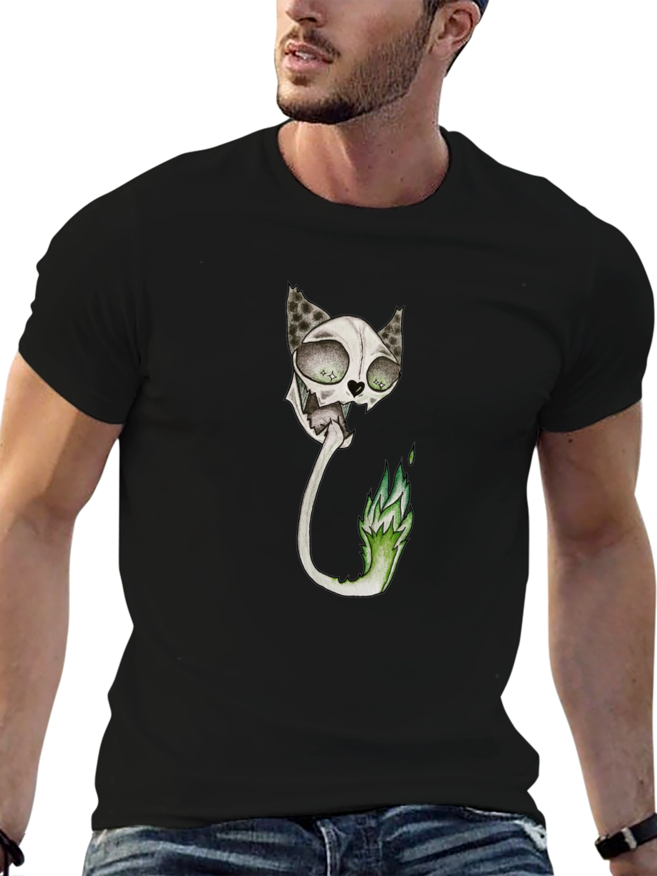 Spooky Cat Skeleton Graphic Black T-Shirt