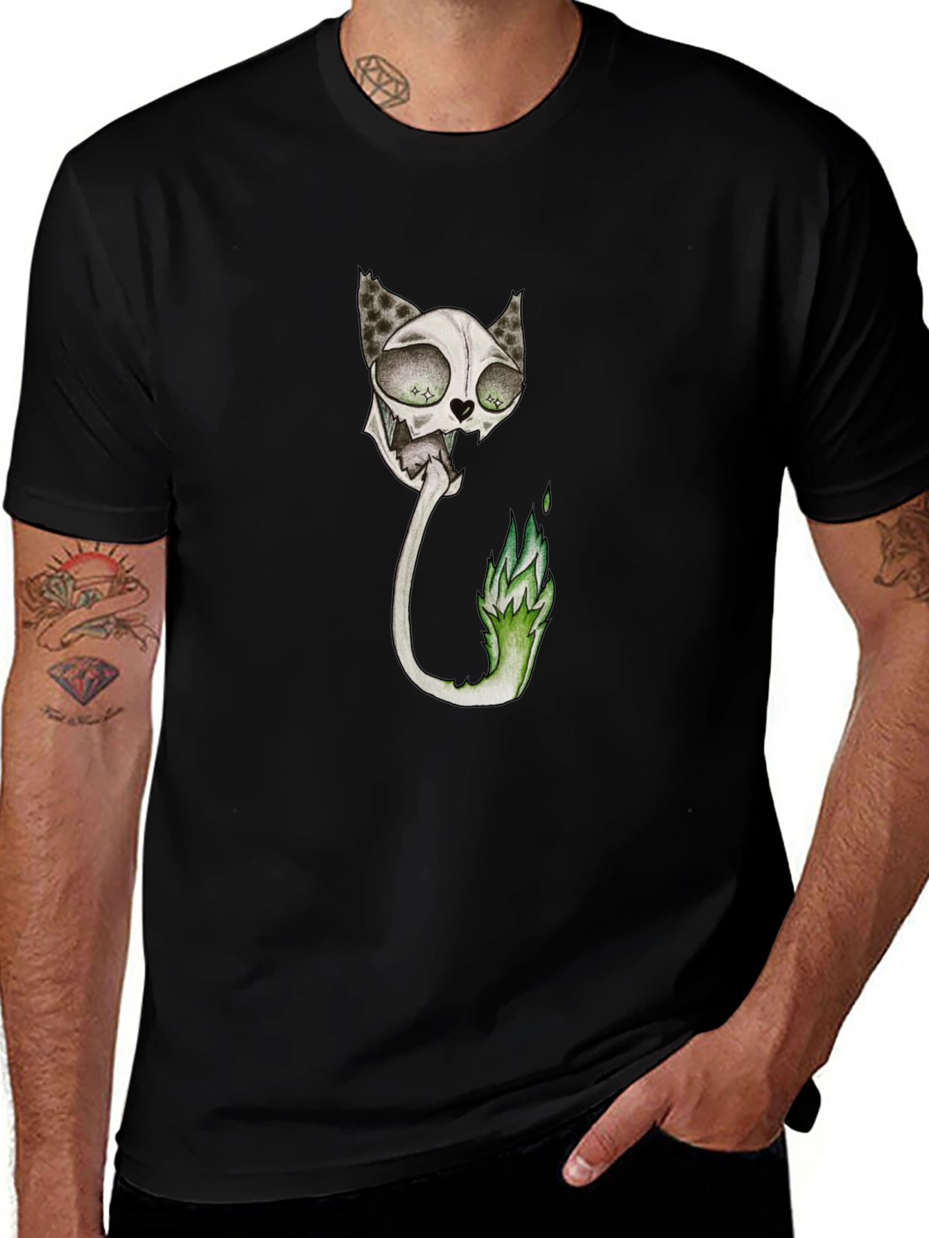 Spooky Cat Skeleton Graphic Black T-Shirt