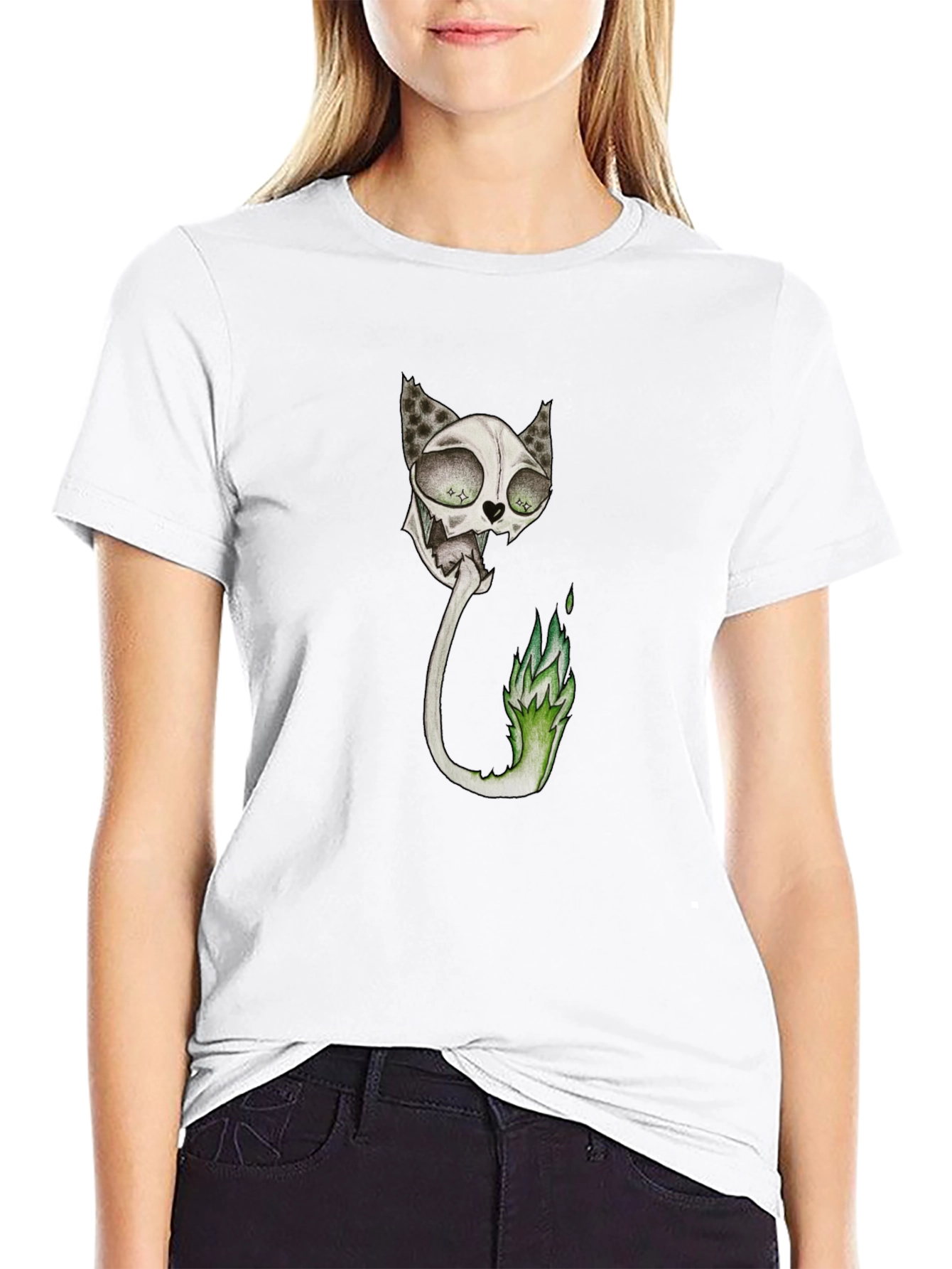 Spooky Cat Skeleton Graphic Black T-Shirt