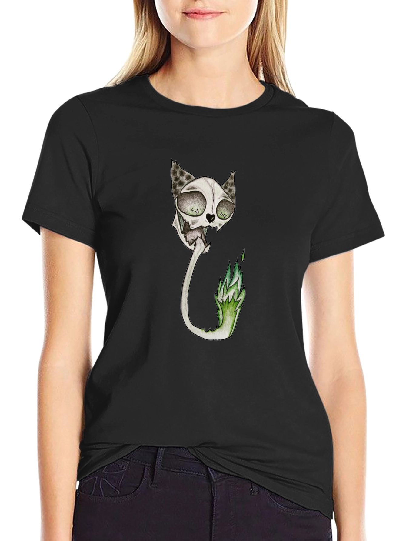 Spooky Cat Skeleton Graphic Black T-Shirt