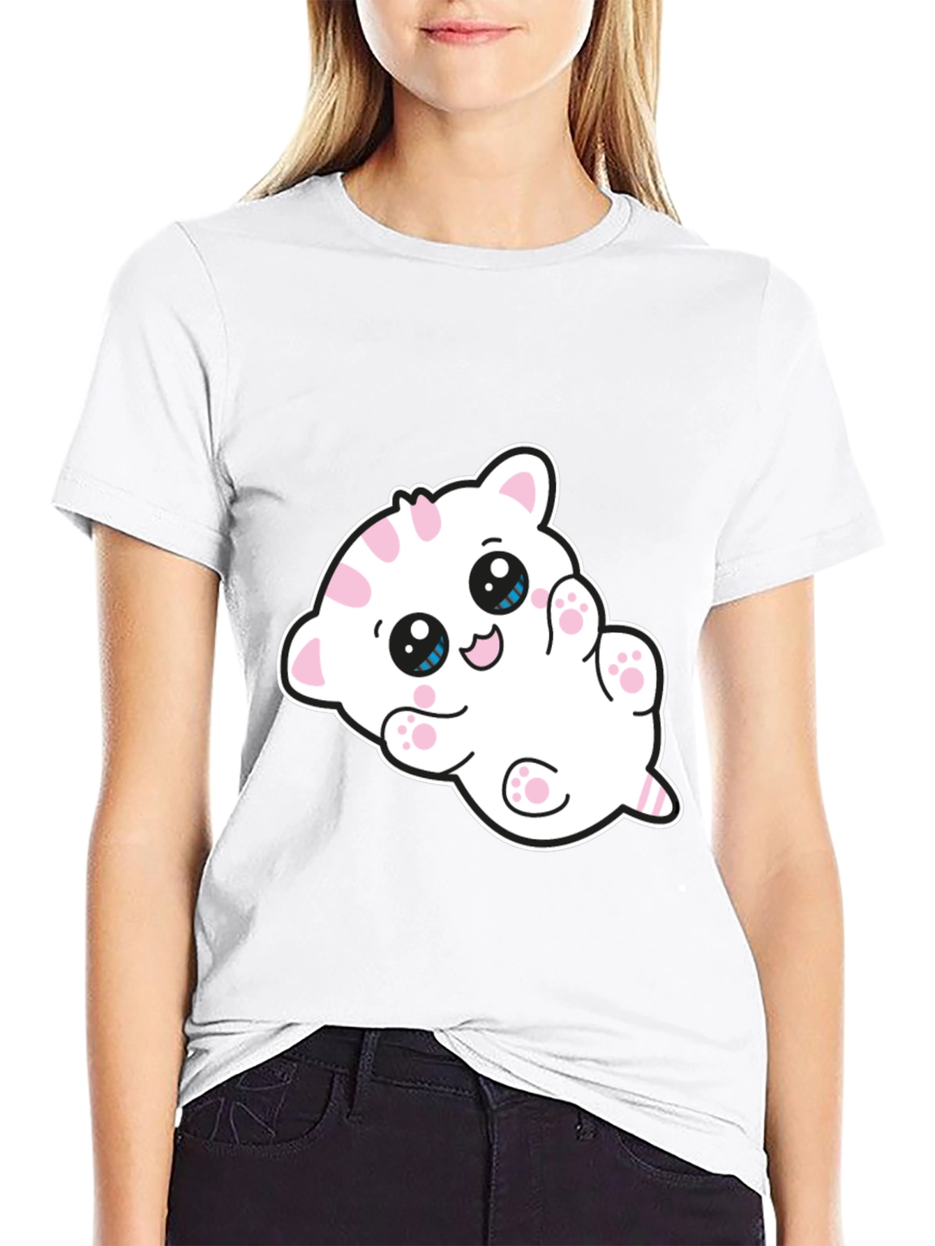 Cute Cartoon Kitten Graphic Black T-Shirt