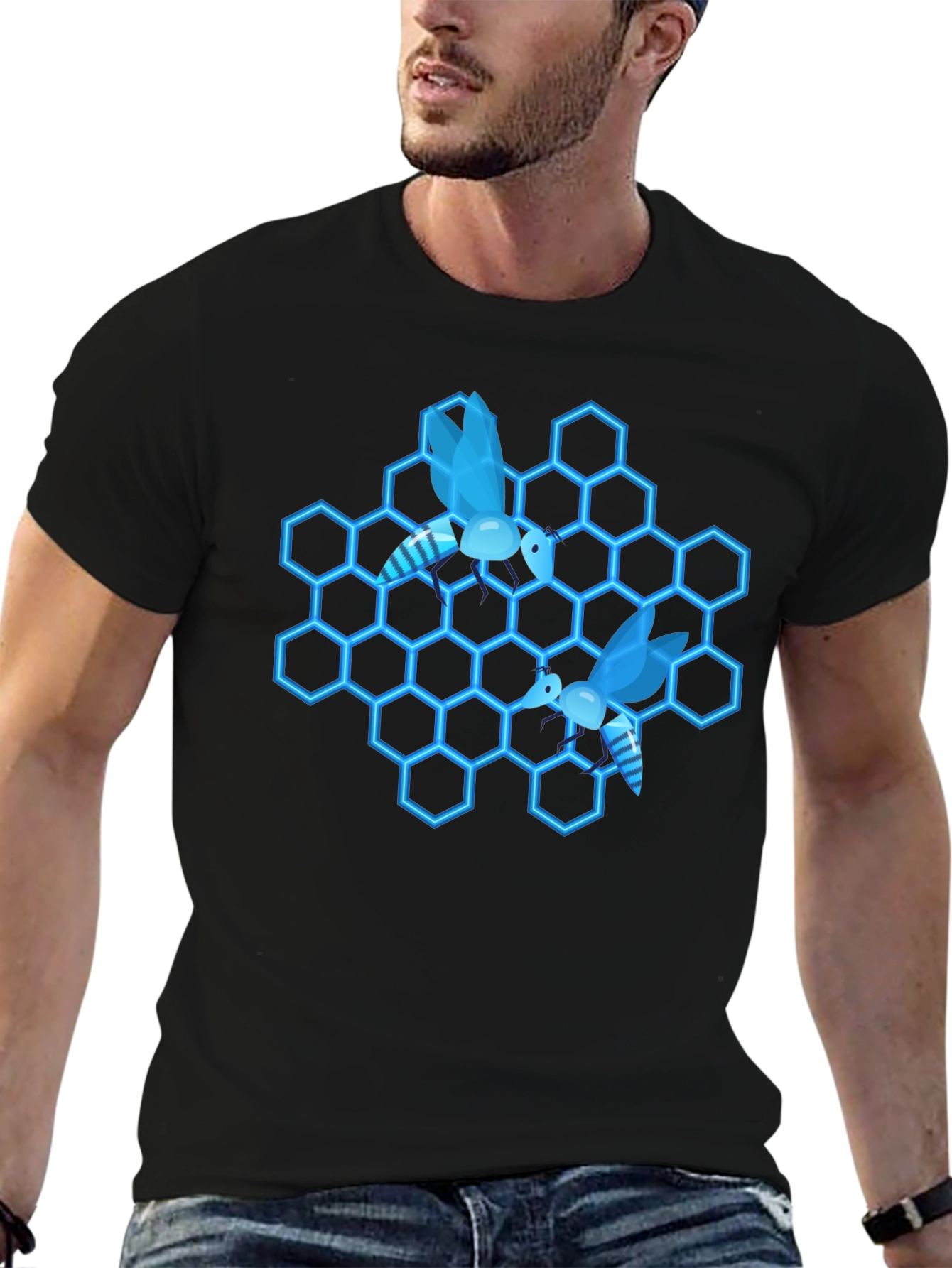 Honeycomb Bee Graphic Tee - Cool Black T-Shirt