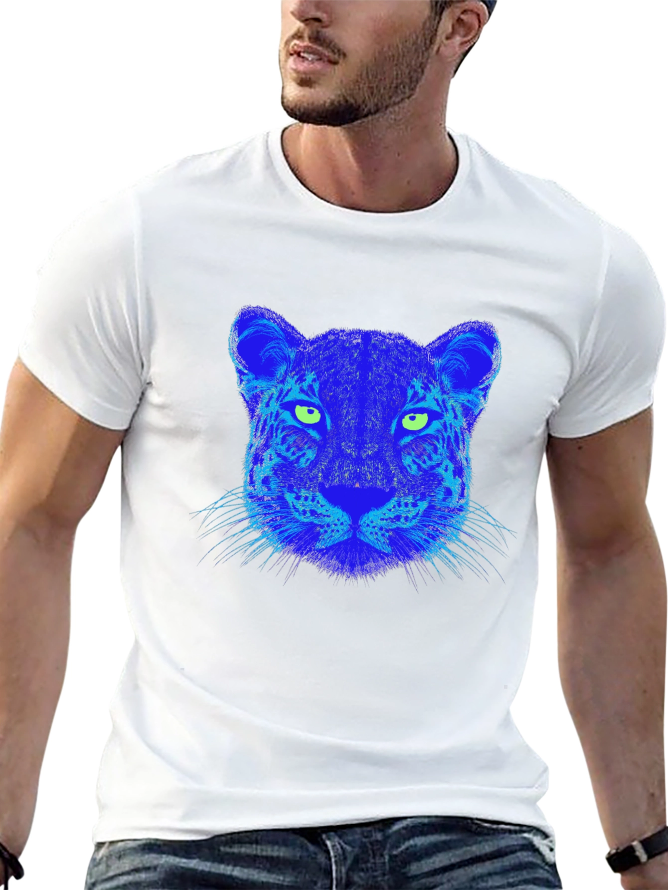 Blue Leopard Graphic Print Black T-Shirt