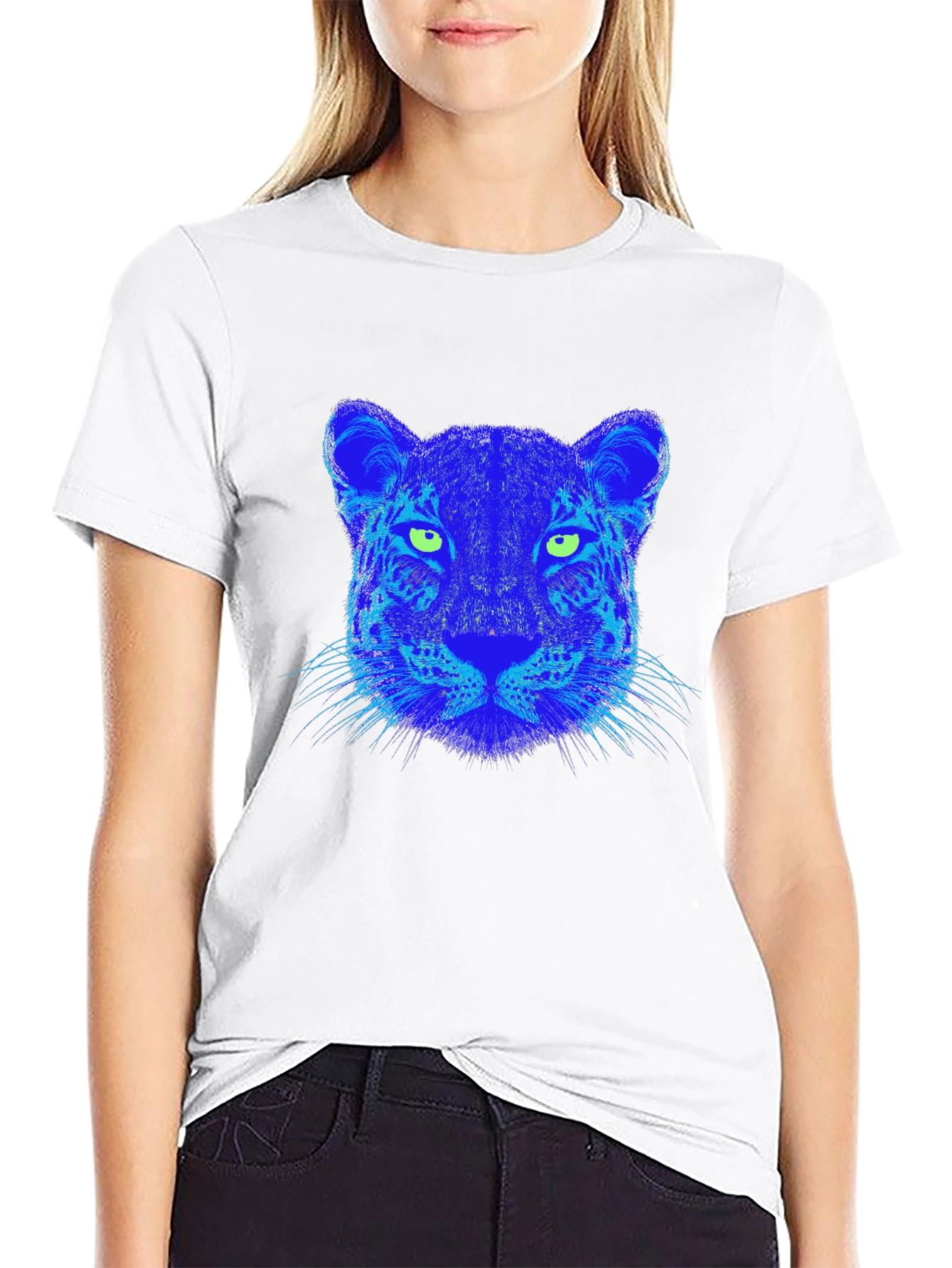 Blue Leopard Graphic Print Black T-Shirt