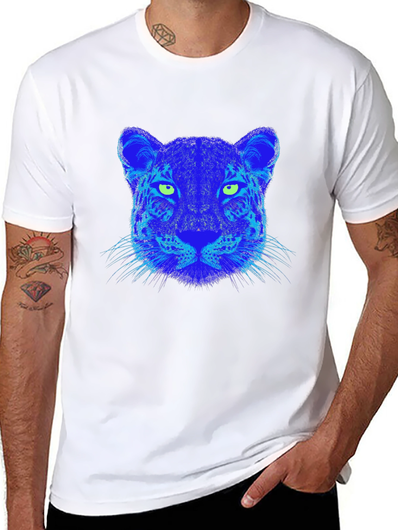 Blue Leopard Graphic Print Black T-Shirt