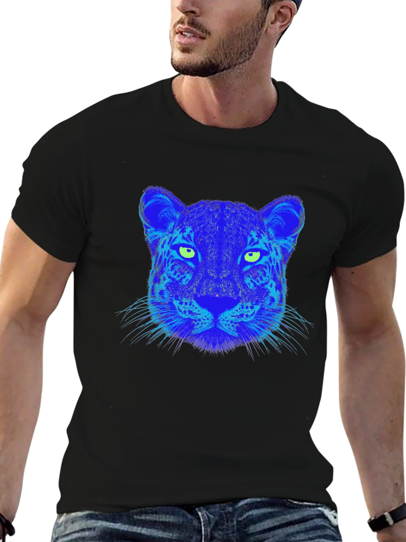 Blue Leopard Graphic Print Black T-Shirt