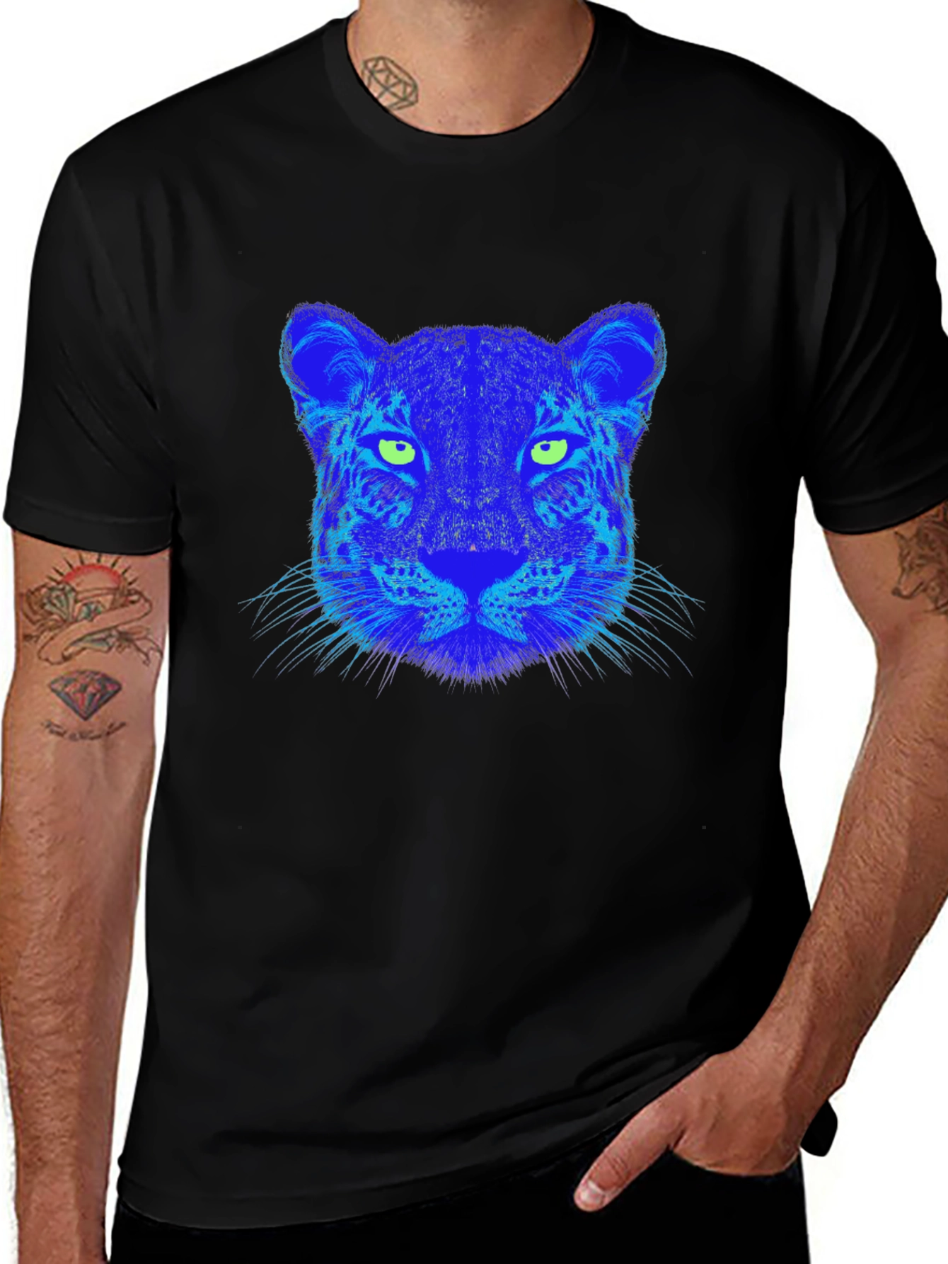 Blue Leopard Graphic Print Black T-Shirt