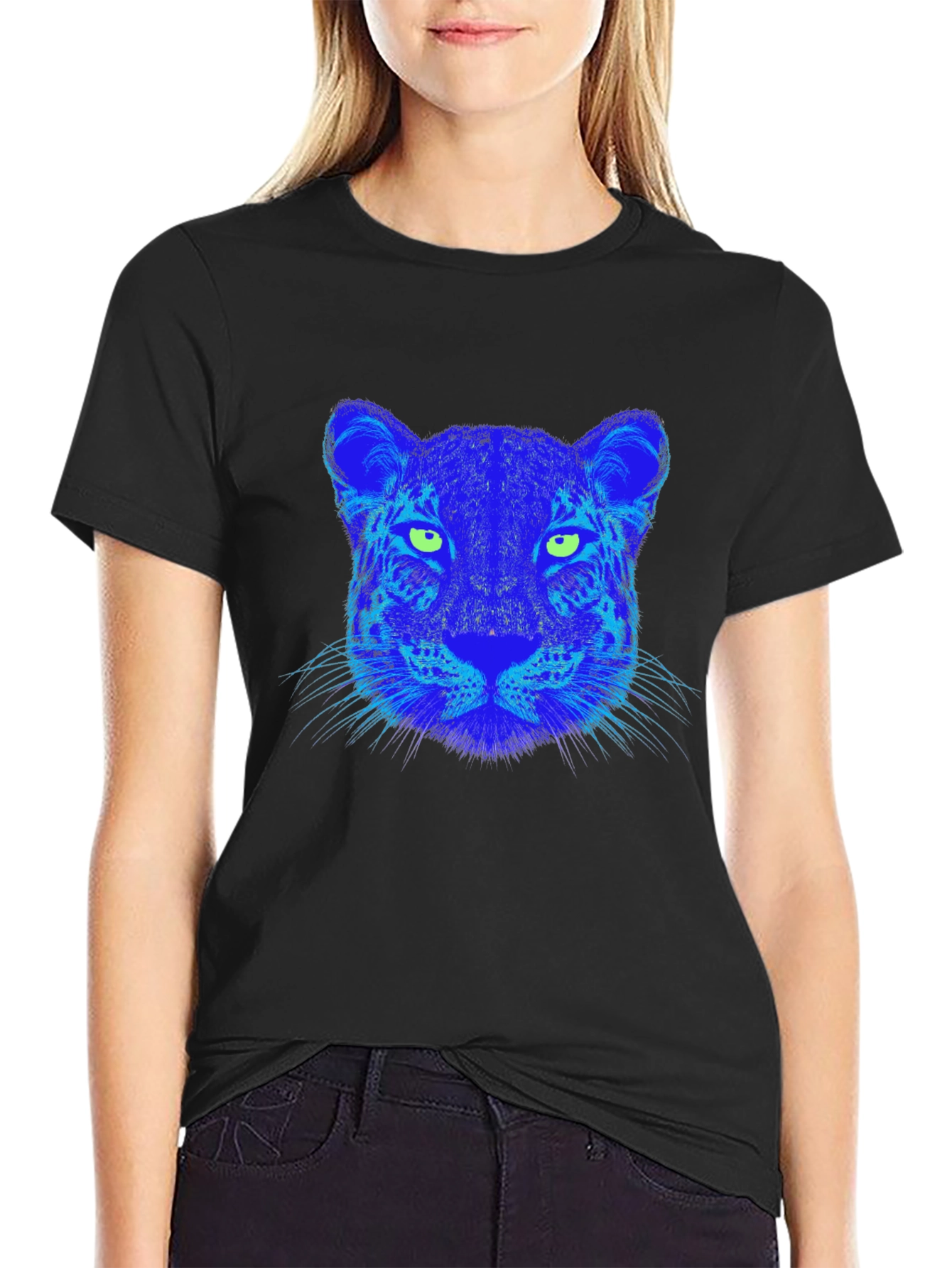 Blue Leopard Graphic Print Black T-Shirt